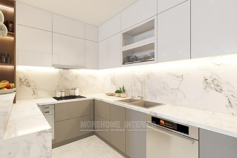Hệ thống tủ bếp màu trắng, phân tách nhiều ngăn lớn nhỏ đáp ứng nhu cầu sắp xếp đồ nội thất Mẫu tủ bếp chung cư acrylic