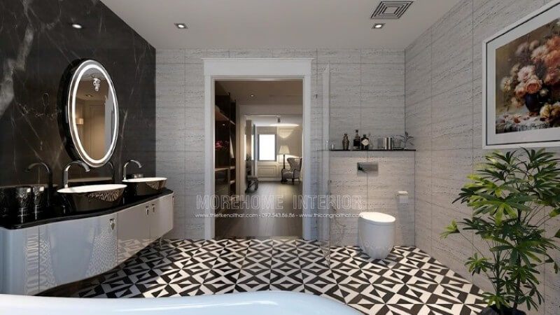 Đá ốp tủ lavabo solid surface cao cấp màu đen mang lại cho không gian phòng tắm thêm phần sạch sẽ và hiện đại hơn