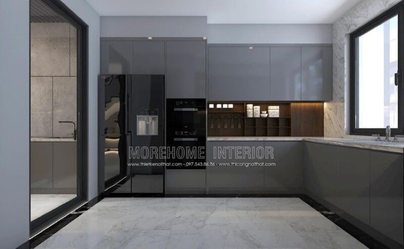Mẫu tủ bếp gỗ công nghiệp acrylic màu xám đẹp mắt trong bố trí nội thất phòng bếp hiện đại sẽ là lựa chọn khá phù hợp với các không gian như chung cư, biệt thự, nhà phố.