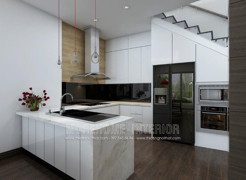 Mẫu tủ bếp màu trắng được làm từ chất liệu gỗ công nghiệp được nhiều khách hàng yêu thích bởi sự sang trọng và tinh tế mang lại của nó