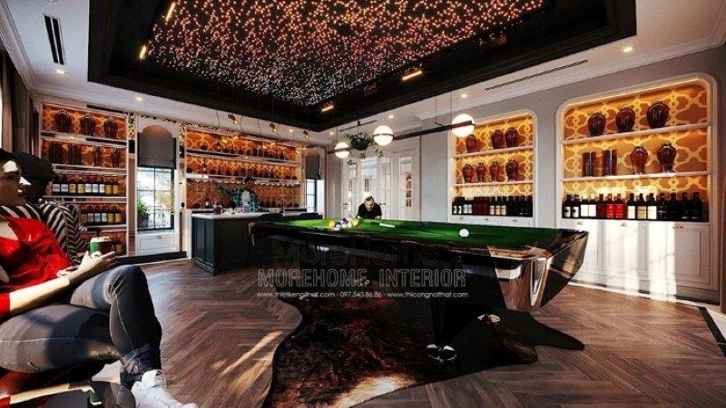 Bố trí nội thất phòng giải trí ấn tượng với không gian bi-a được lồng trong hầm rượu siêu sang tại biệt thự Hải Phòng cao cấp.