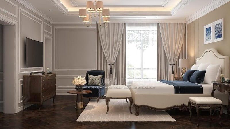 Thiết kế nội thất phòng ngủ master gỗ óc chó mang phong cách tân cổ điển sang trọng, độc đáo.