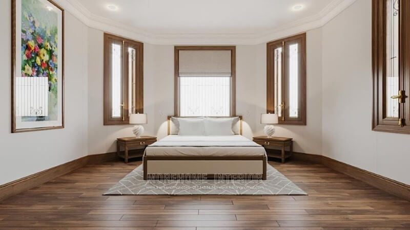 Mẫu giường ngủ gỗ tự nhiên với tông màu nâu vàng của gỗ kết hợp với nệm trắng mang lại vẻ đẹp sang chảnh