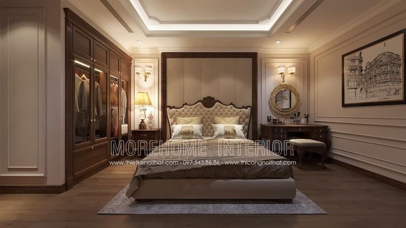 Trang trí nội thất phòng ngủ đẹp với sản phẩm giường ngủ bằng gỗ óc chó phong cách tân cổ điển sang trọng tinh tế này