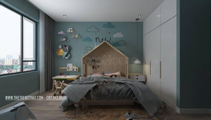 , với điểm nhấn là giường ngủ gỗ công nghiệp với đầu giường cách điệu nhà.
Thiết kế phòng ngủ cho bé với nổi bật là một mẫu giường ngủ gỗ công nghiệp với đầu giường cách điệu nhà, đảm bảo sẽ là một mẫu giường ngủ đẹp mắt cho các bé.
