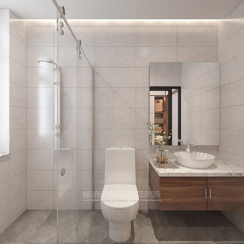 .
Nếu bạn đang tìm kiếm một mẫu thiết kế phòng tắm đẹp, sang trọng với gam màu xám và chất liệu gỗ óc chó, thì ý tưởng thiết kế nội thất phòng tắm tại biệt thự Vinhomes Imperia Hải Phòng sẽ là một gợi ý khá ấn tượng.